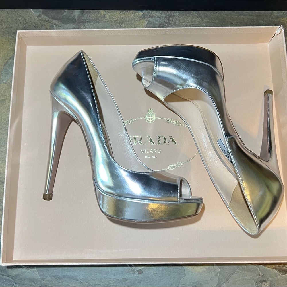 Prada Calzature Donna Size 35.5 Stiletto Heels Argento/Silver - Picture 3 of 13